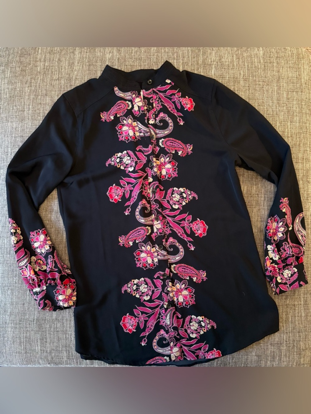 Black Button-Front Tunic Length Top with Paisley Print